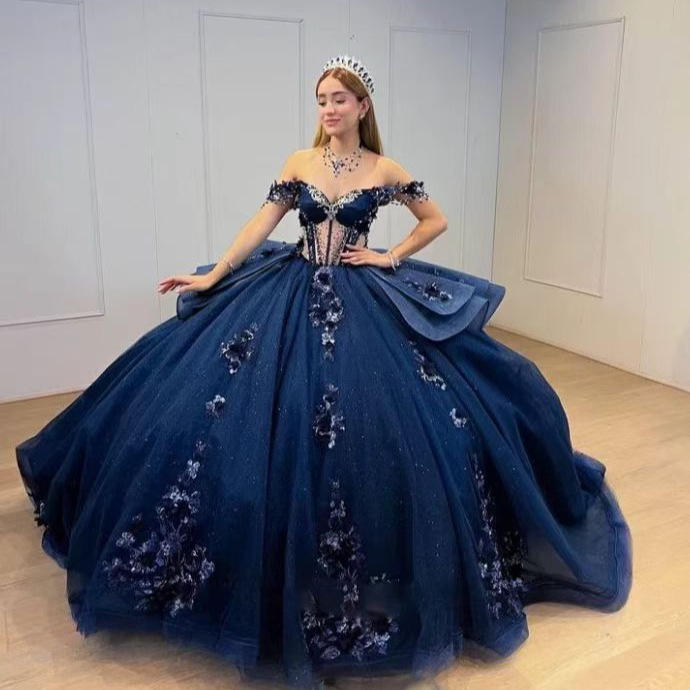 Quinceanera Dresses Off-shoulder Ball Gown Navy Blue Girls Skirt Princess Prom Dress