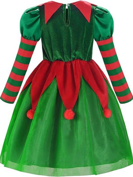 Kids Girls Christmas Costume Polyester Comfortable Velvet Long Sleeve Red and Green Stripe Santa Elf Dress
