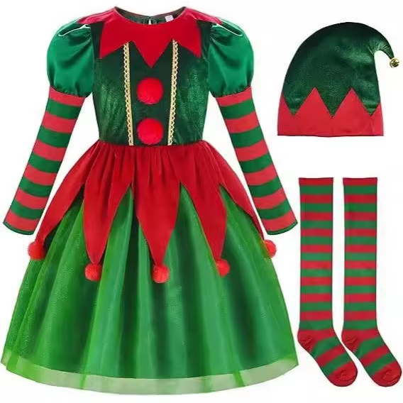 Kids Girls Christmas Costume Polyester Comfortable Velvet Long Sleeve Red and Green Stripe Santa Elf Dress