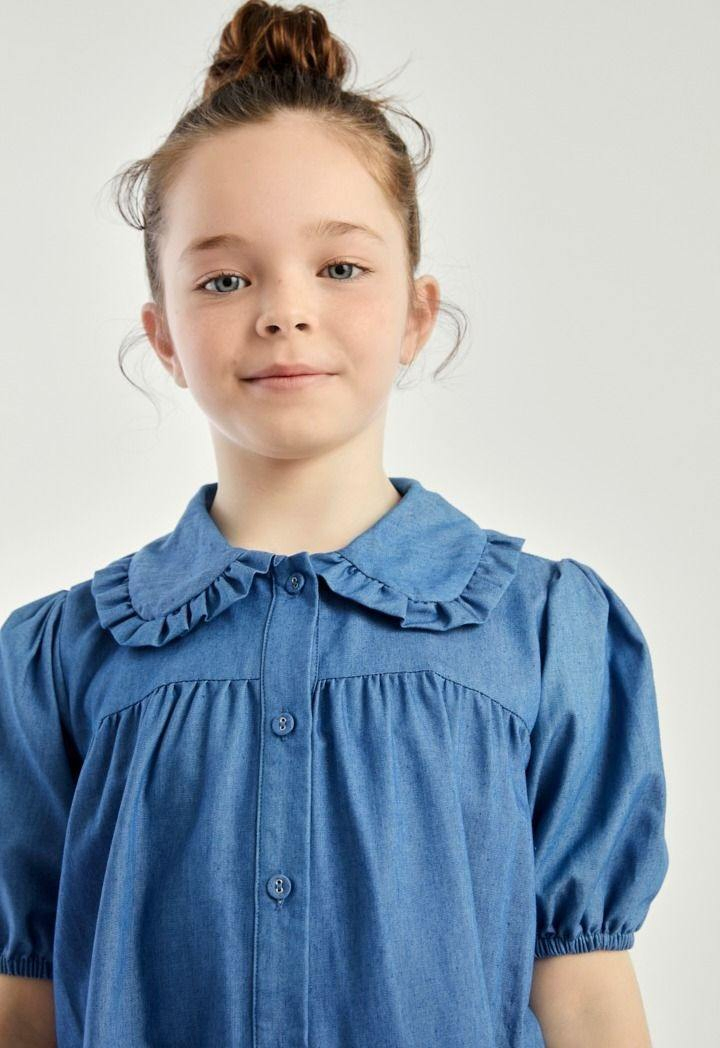 Ladies Dress Girls' Summer Faux Denim Doll-Collar Knee-Length Breathable Kids' Dress Kids Dress Relax Lady Dress Daily Sweet Cute Puffed Sleeves Loose
