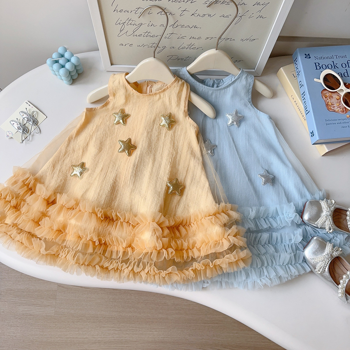 2026 New Fashion Girls Summer Dress New Arrival Starry Mesh Sundress Sleeveless Tiered Princess Skirt Softening Treatment
