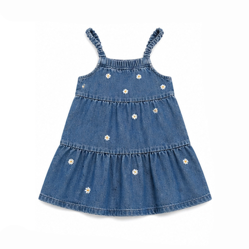 Girls Summer Casual Floral Embroidery Square Neck Sundress Children Tiered Denim Dress