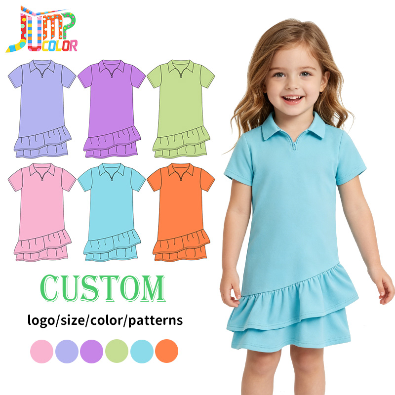 Tiaose Toddler Girls' Short Sleeve Polo Zip Dress Tiered Ruffle Hem Sundress Baby Girl Casual Play Dress