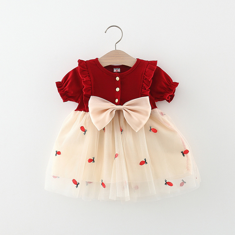 Toddler Girls Bowknot Princess Dress Birthday Wedding Parties Elegant Short O-Neck Cotton Clothing Cute Elegant Bowknot Perfect