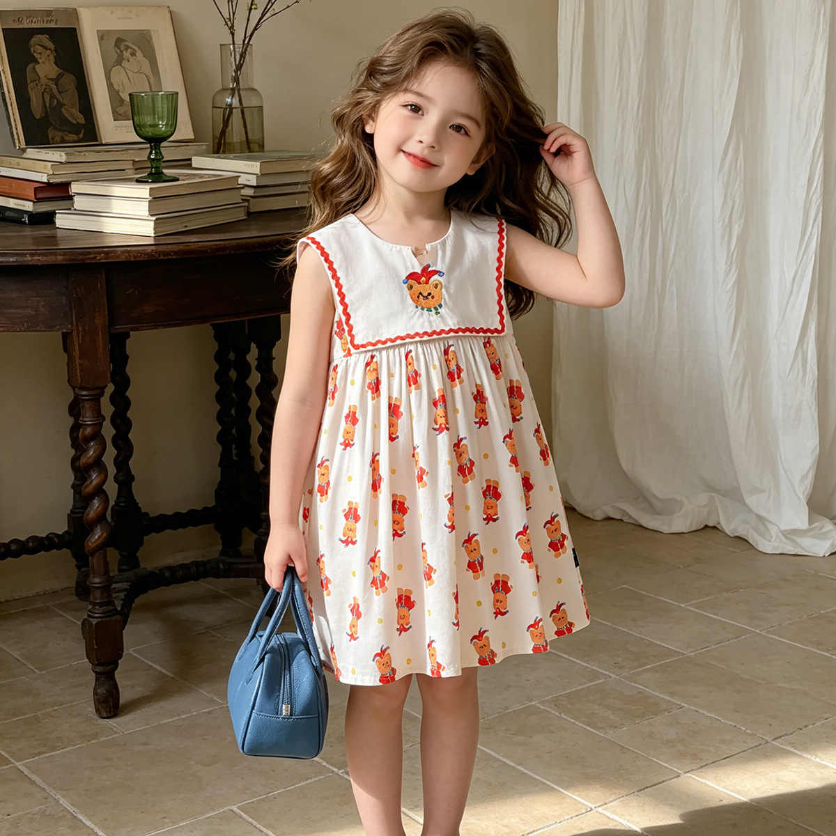 Cool Breathable Sleeveless Kids Girls Dress Cartoon Bear Print Summer Casual Daily Play Dress