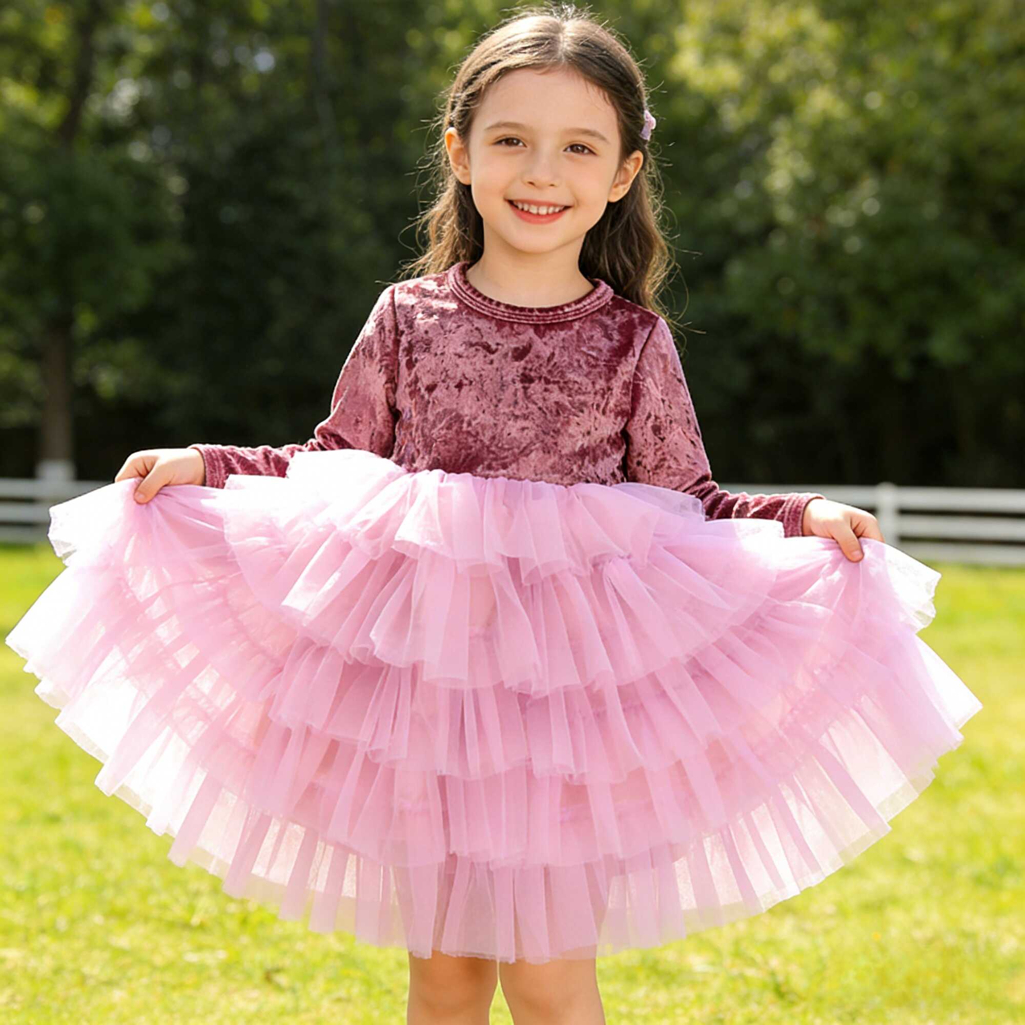 2026 Hot Sale Custom Girls' Velvet Tutu Dress Long Sleeve Layered Tulle Party Dress for Baby Girl