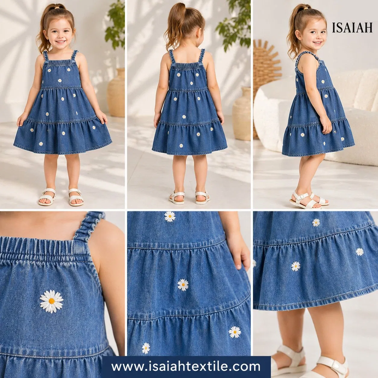 Girls Summer Casual Floral Embroidery Square Neck Sundress Children Tiered Denim Dress