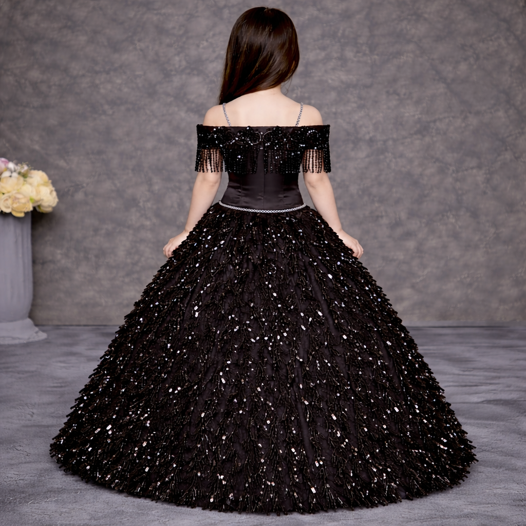 Black Sequin Off-Shoulder Party &amp; Ball Gown for Girls | Elegant Designer Fringed Sparkly Birthday | OEM Brand Made in India