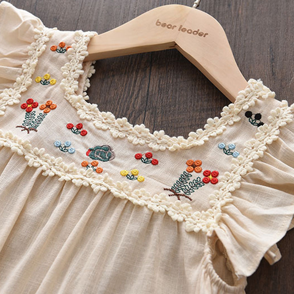 Girls Flower Embroidered Dress Summer Retro Flying Sleeve Princess Children Casual