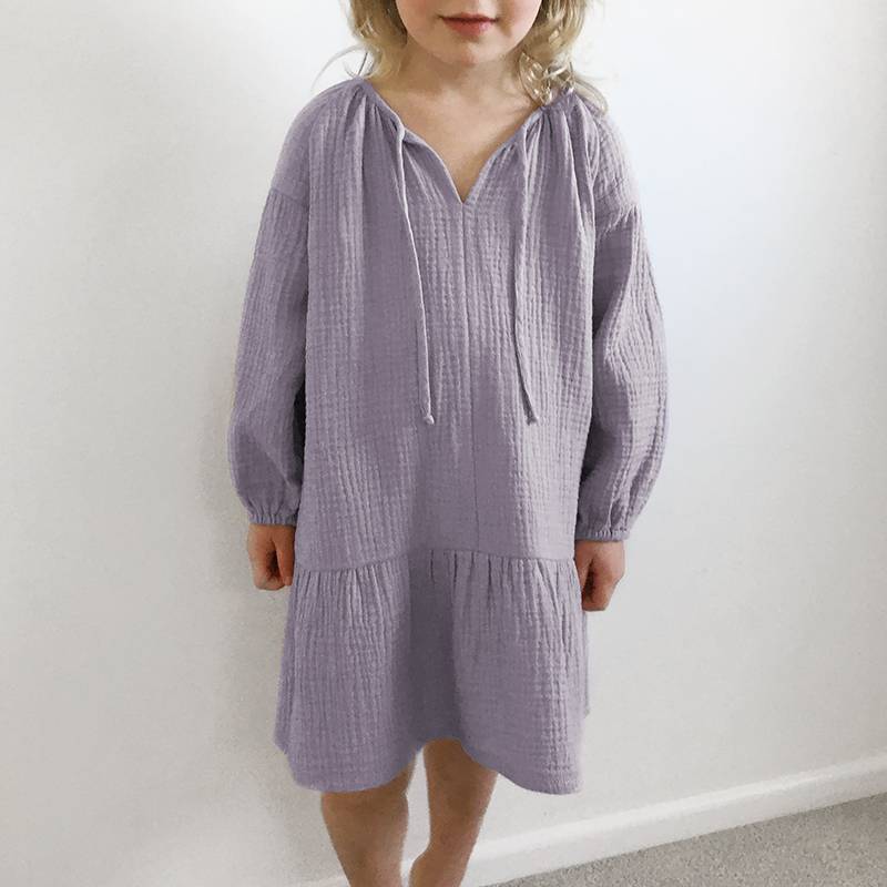 Girls' Purple Gauze Cotton Long Sleeve Dress, Casual Loose Ruffle Hem Kids' Dress, V-Neck Drawstring Casual Playwear
