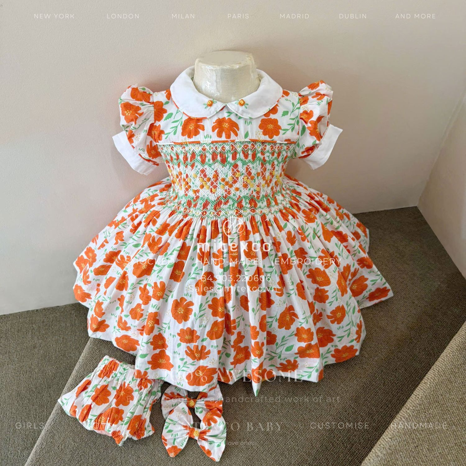 Wholesale Girl's Clothing 100% Cotton Fabric Summer Flower Baby Girls Dresses Smocked Clothes Frock Casual Boutiques