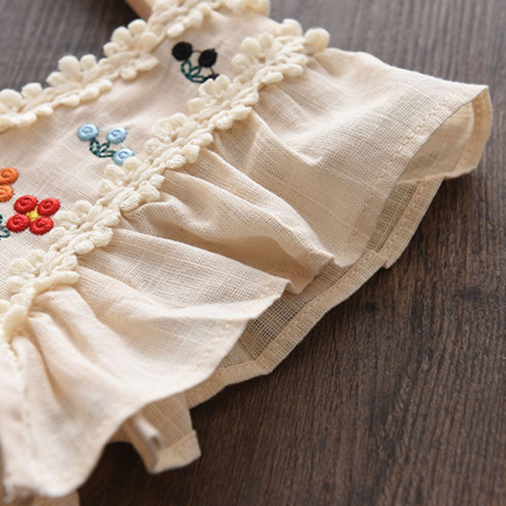Girls Flower Embroidered Dress Summer Retro Flying Sleeve Princess Children Casual