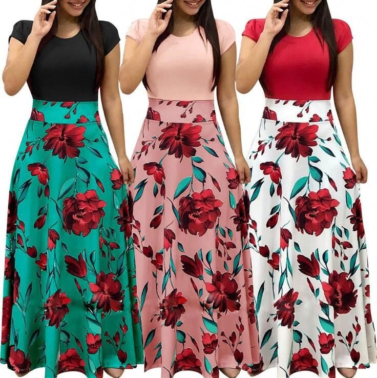 New Fashion Women Summer Long Dress Short Sleeve Girls Slim Long Style Patchwork One-Piece Clothing Maxi Dress