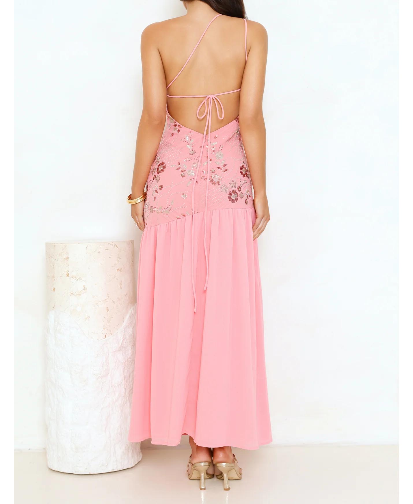 Women's Dress One-shoulder Spaghetti Strap Maxi Dress With Floral Sequin Embroidery Slit Dress For Party Wear