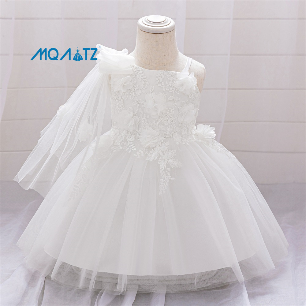 Girls Formal Baptism Dress Kids Party Dress Floral Embroidery Flowers Knee-Length 1-Year Baby Girl Wedding Dress