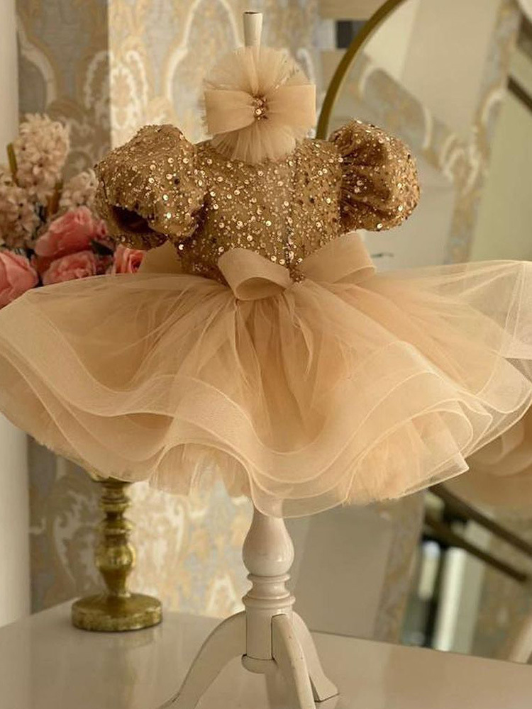 Champagne Gold Baby Sequin Flower Girl Dress Puff Sleeve Tulle Tutu Toddler Birthday Party Gown V-Neck Bow Formal Dress