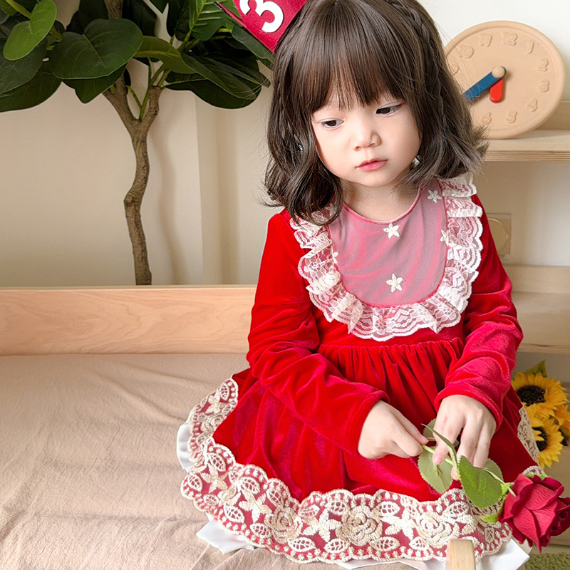 Festive Red Velvet Dress Girls Long Sleeve Holiday Party Gown Christmas Chinese Baby Girl Casual Dress