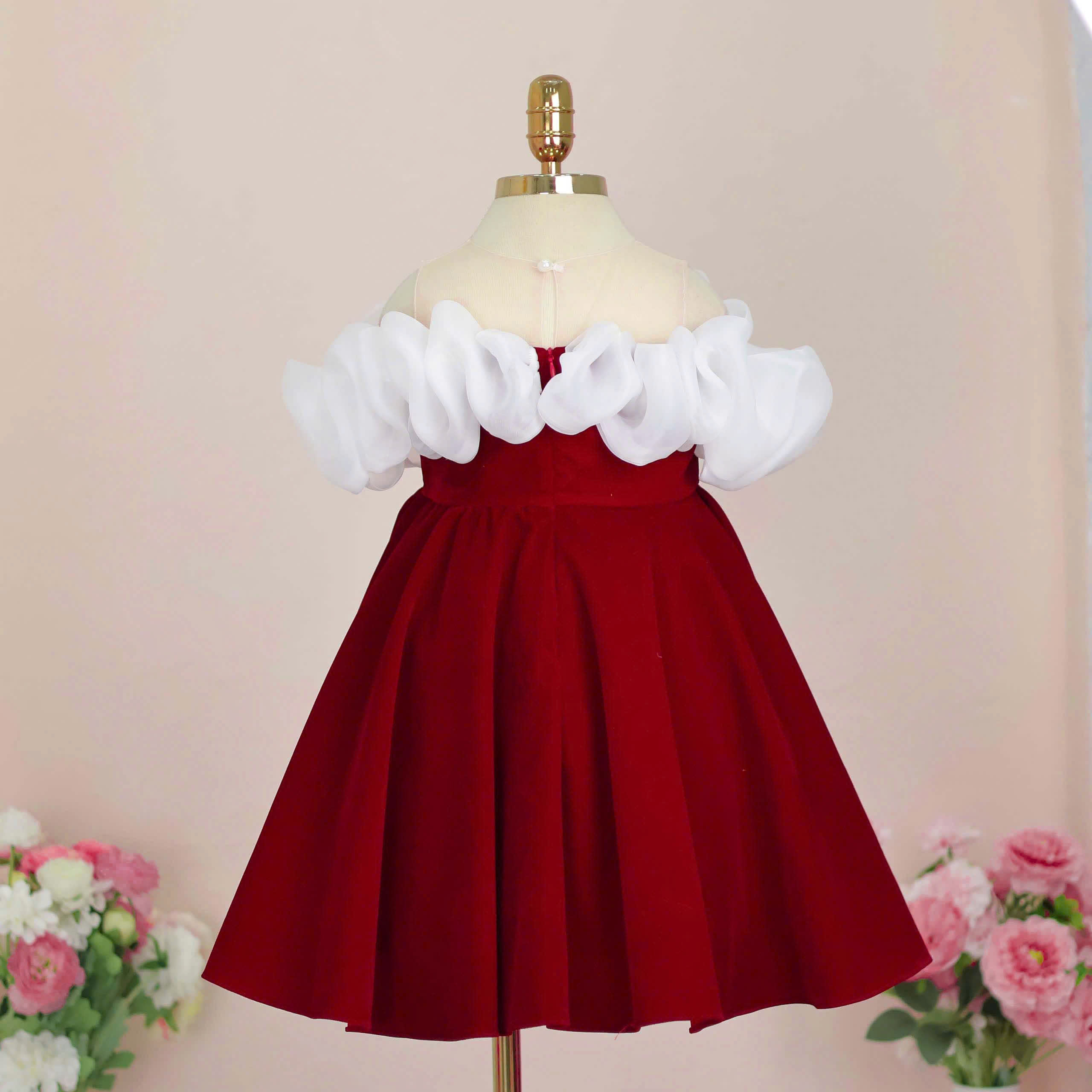 Christmas Red Velvet A-Line Knee-Length Party Dress for Girls 1-12 Years Old off Shoulder White Ruffle Tulle Flower Girl Dress