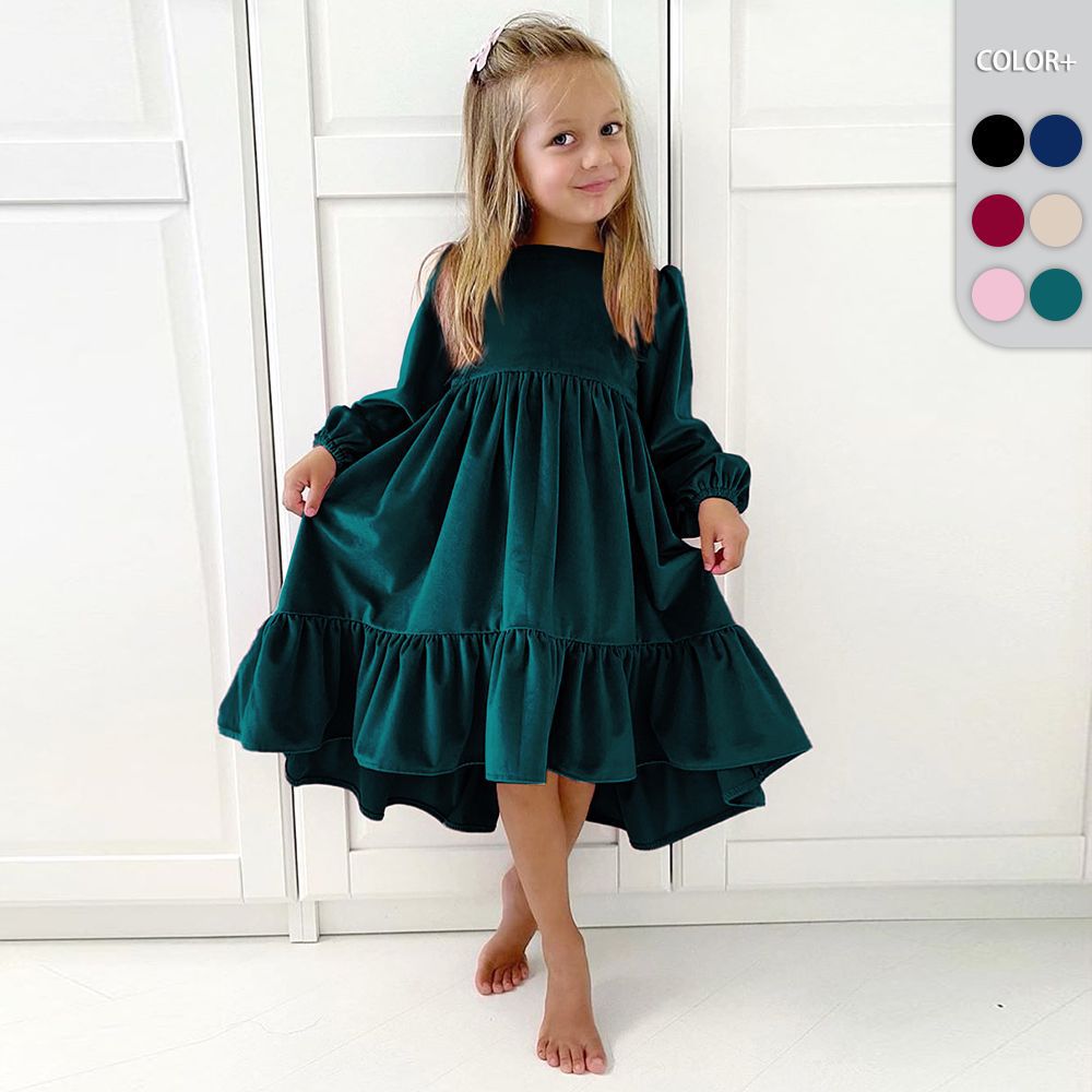 Yiwuyiyuan Custom Girl Velvet Dress Long-Sleeve Ruffle Hem Flowy A-Line Dress for Kids Daily &amp; Party Wear