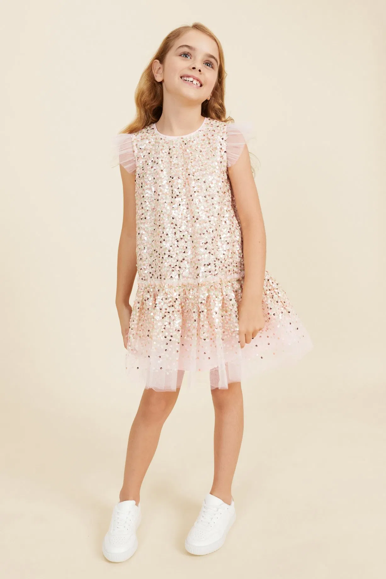 OEM Acceptable Hot Selling Girls Party Dress Sleeveless Puff Sequin Crew Neck Girls Dress