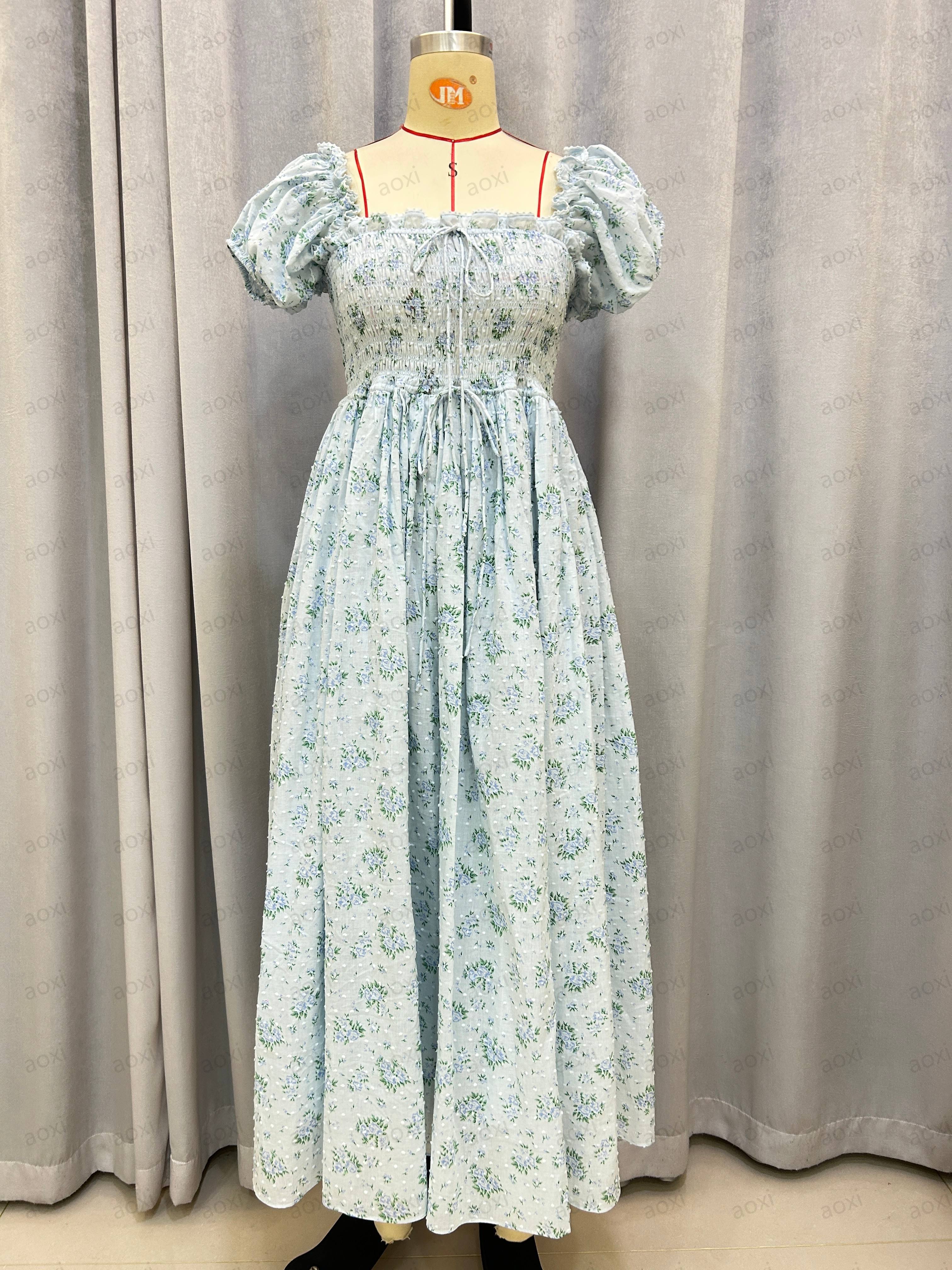 Premium Quality Custom Linen Cotton Blend Long Dress Summer Sundress Floral Printing Embroidered Dress for Ladies Girls Kids