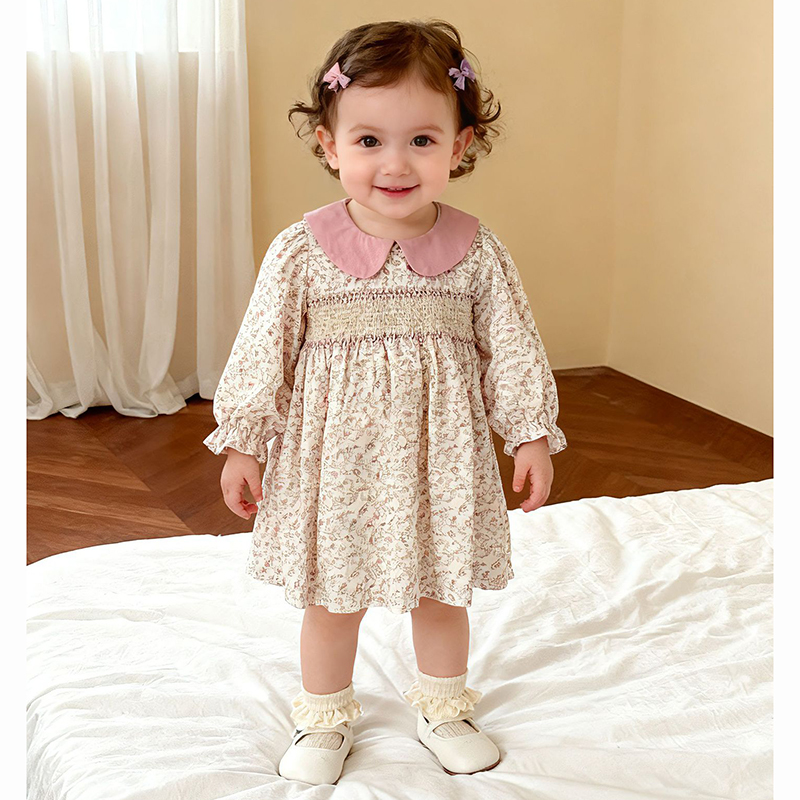 1-6Yrs Girls Baby Dress 2026 Spring Floral Dress Sweet Princess Girl Kids Doll Collar Cotton Birthday Dresses Children Clothes Display 1