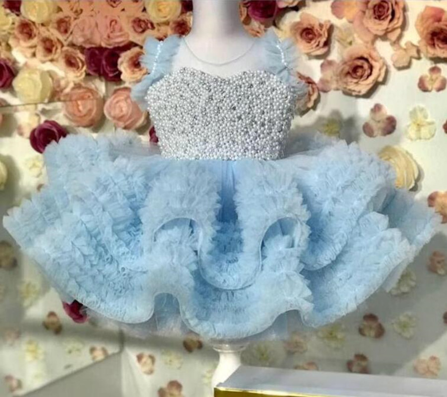 Mint Pearl Fluffy Gown Stylish Children Clothes Elegant Flower Girls Dresses Cute Clothes Girls Princess Kids Dresses Girls