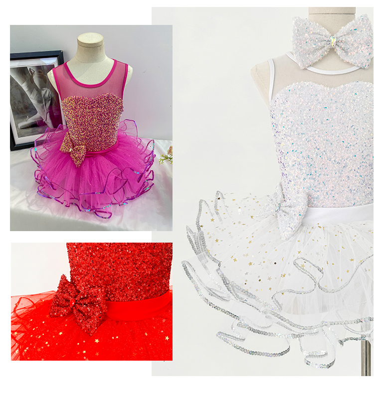 Girls Red Jazz Dance Costume Kids Sequin Heart Tutu Dress Glitter Layered Tulle Skirt for Christmas & Stage Performance