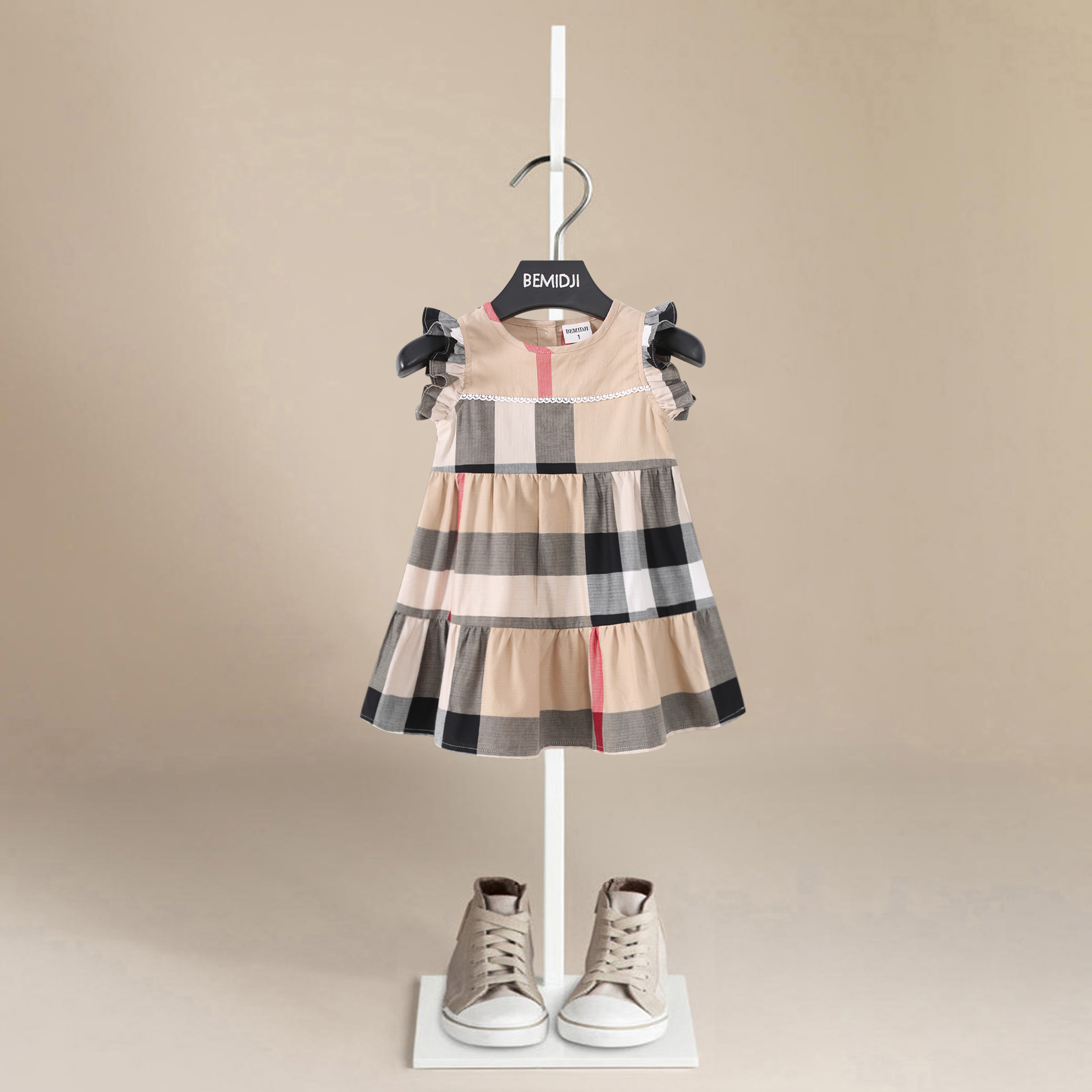 BEMIDJI Sweet Vintage Party ODM Children's 95% Cotton Lace Plaid Layered Sleeveless Breathable Knee-Length A-Line Girls' Dress