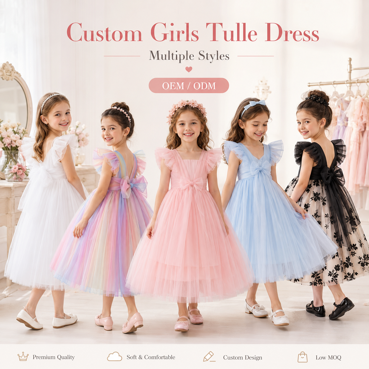 Flower Girl Tulle Dress Girls Lace Dress Wedding Ball Gown Champagne Lace Factory Direct Wholesale OEM ODM Factory