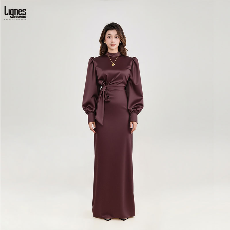 Satin Muslim Abaya Dress High Neck Puff Sleeve Waist Tie Modest Islamic Maxi Dress For Party Wedding