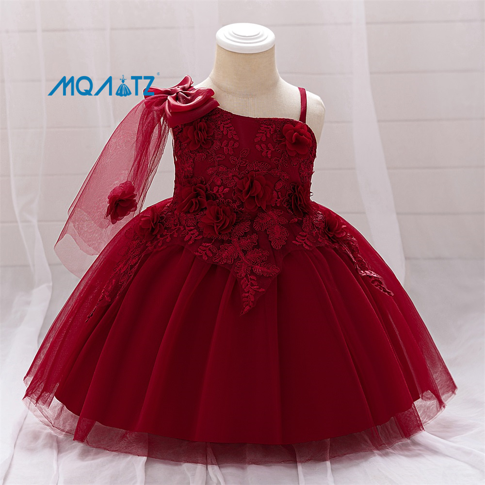 Girls Formal Baptism Dress Kids Party Dress Floral Embroidery Flowers Knee-Length 1-Year Baby Girl Wedding Dress