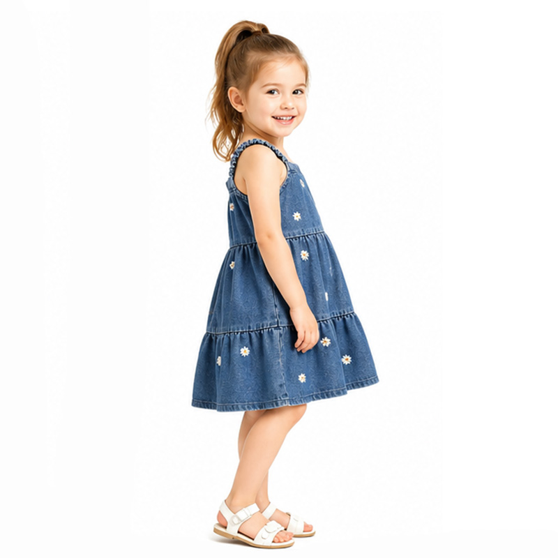 Girls Cotton Denim Sundress Daisy Embroidery Sleeveless Tiered Summer Casual Dress OEM