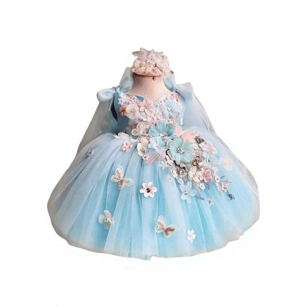 Baby Lolita New Formal Midi Length Kids Satin Girls O-neck Mesh Parties Weddings Flower Girls Kids Dress Wholesale
