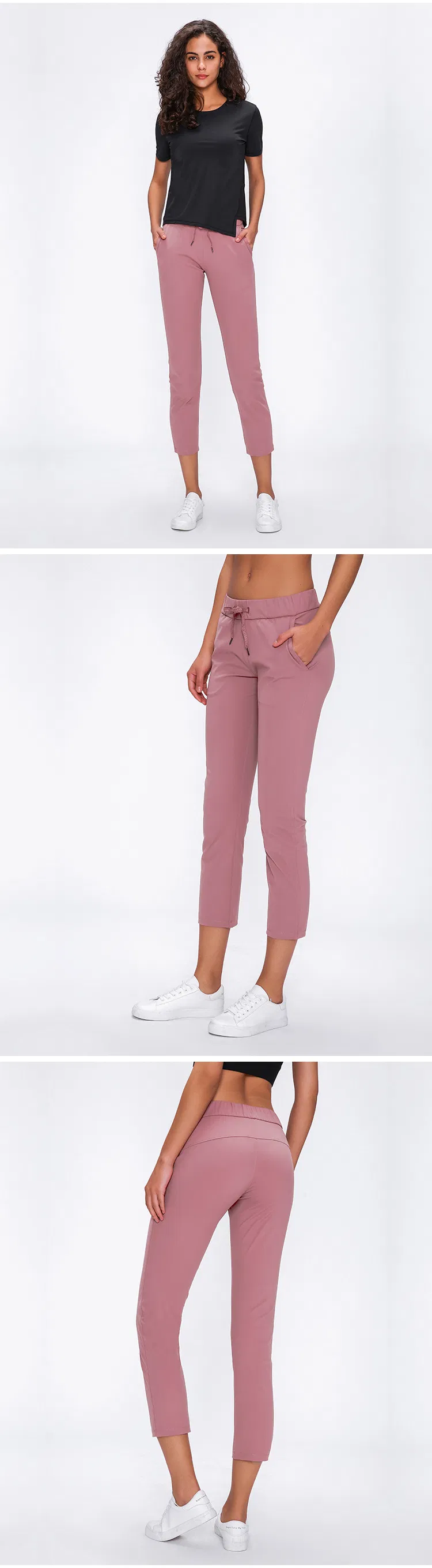 S2059 Mujeres Desnudas Sintiendo Pantalones Capri Deportivos de Tiro Alto con Cintura Ajustable y Bolsillos Laterales, Pantalones Básicos de Ejercicio Elásticos de Talla Grande