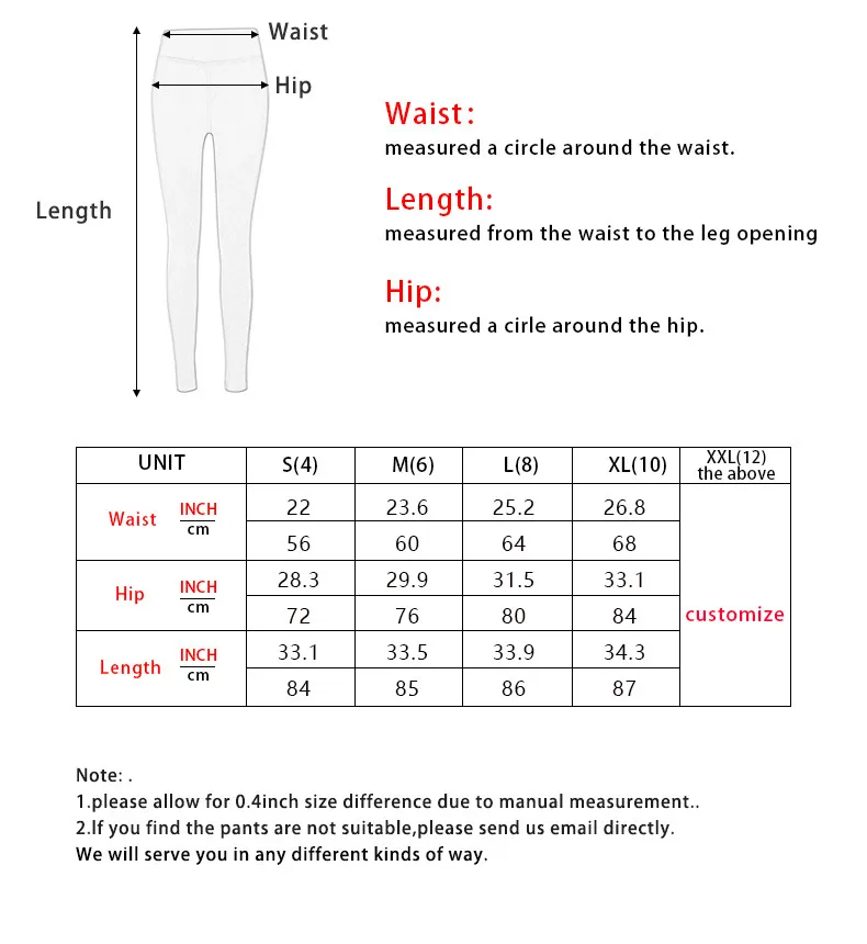 Gráfico de tamaño para pantalones de yoga y ropa deportiva