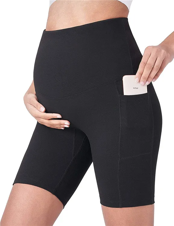 Shorts de yoga para maternidad sobre el vientre con bolsillos 5 Pantalones de entrenamiento activos