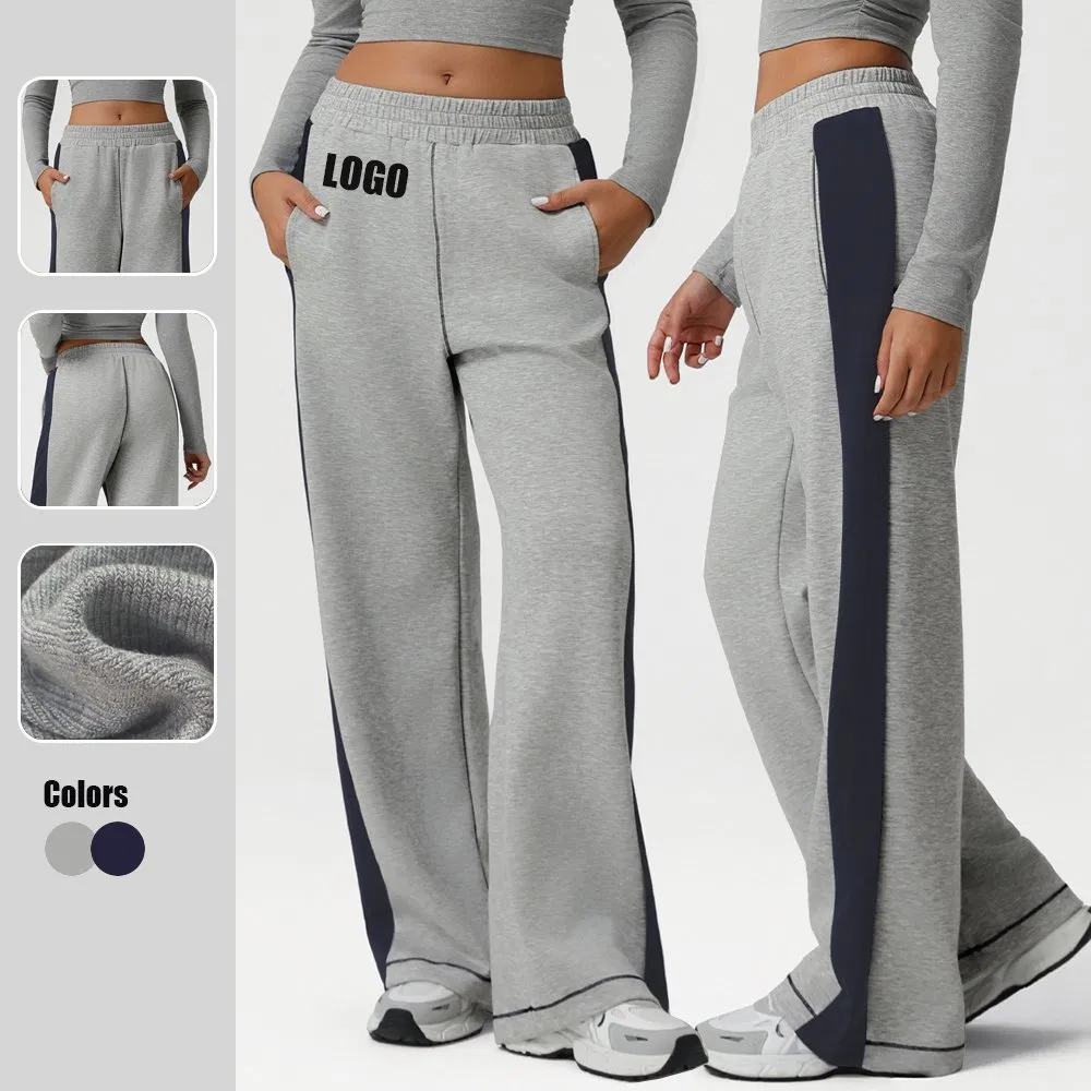 Pantalones de yoga de bloque de color de pierna ancha de cintura alta sueltos para mujer
