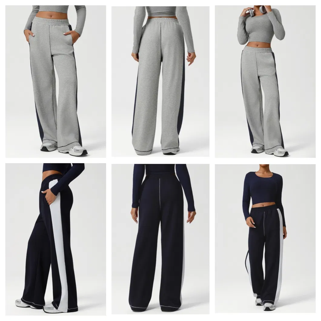 Pantalones de yoga de bloque de color de pierna ancha de cintura alta sueltos para mujer