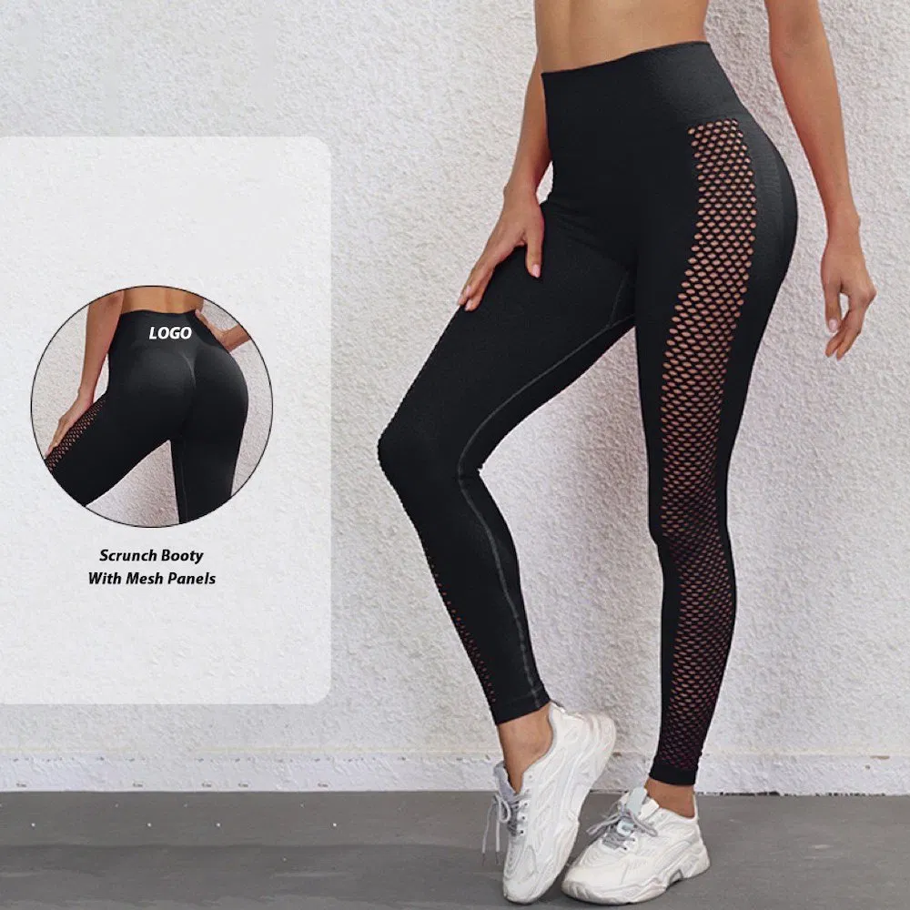 Ropa de entrenamiento sexy al por mayor, pantalones de yoga que levantan el trasero con panel de malla, leggings sin costuras de control de abdomen alto personalizados para correr
