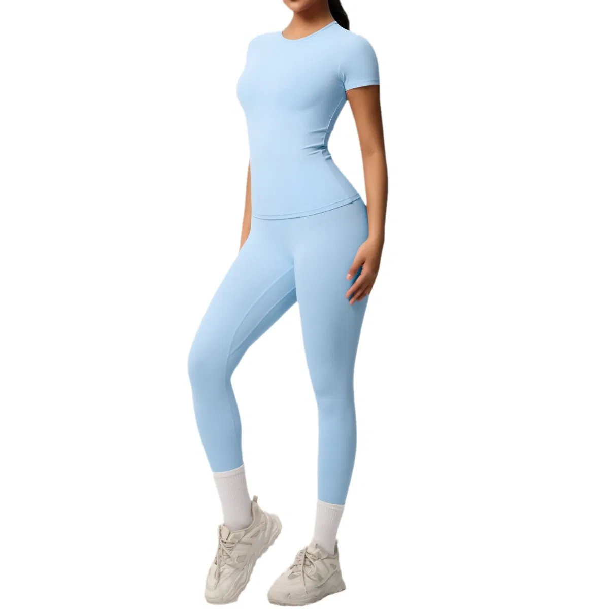 Conjunto de ropa deportiva de pantalones de yoga de color puro de Europa y América, manga larga, amigable con la piel, transpirable, hermosa espalda, camiseta de manga corta, ajustada para el entrenamiento