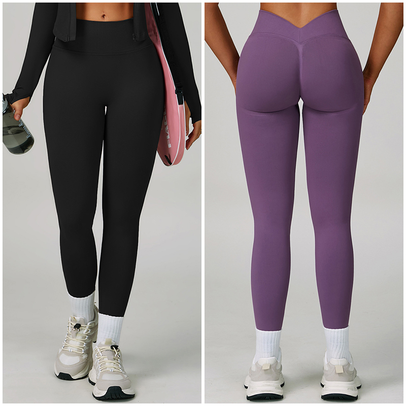 Pantalones de yoga sin costuras color durazno con cuello en V, ajustados, para correr, deportivos, de secado rápido, para fitness