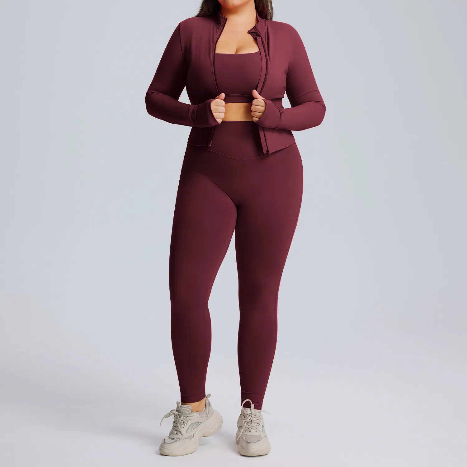 Conjunto de Yoga Personalizado al por Mayor con Logo Talla Grande 3 Piezas Chaqueta con Cremallera Sujetador Deportivo Leggings