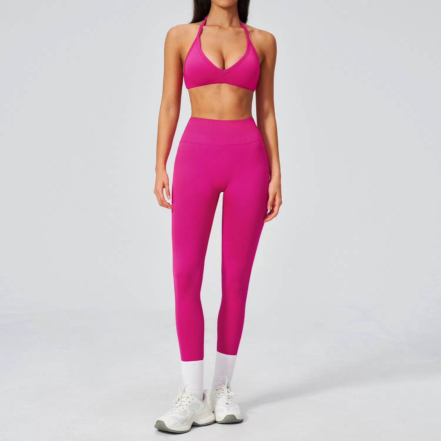 Conjunto de Yoga Sin Costuras al por Mayor 2 con Sujetador Halter de Cuello en V y Leggings de Cintura Alta