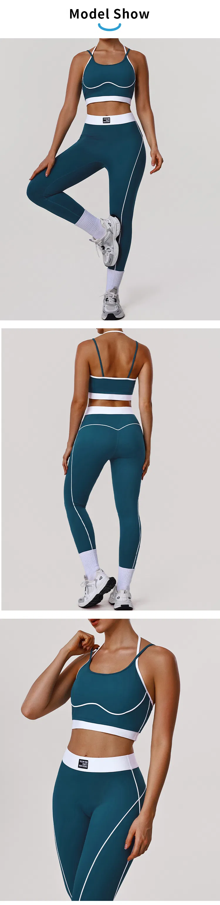 Conjunto de deporte y fitness personalizado de moda al por mayor, con bloque de color, tirantes delgados, sujetador moldeador y leggings cortos que levantan el trasero
