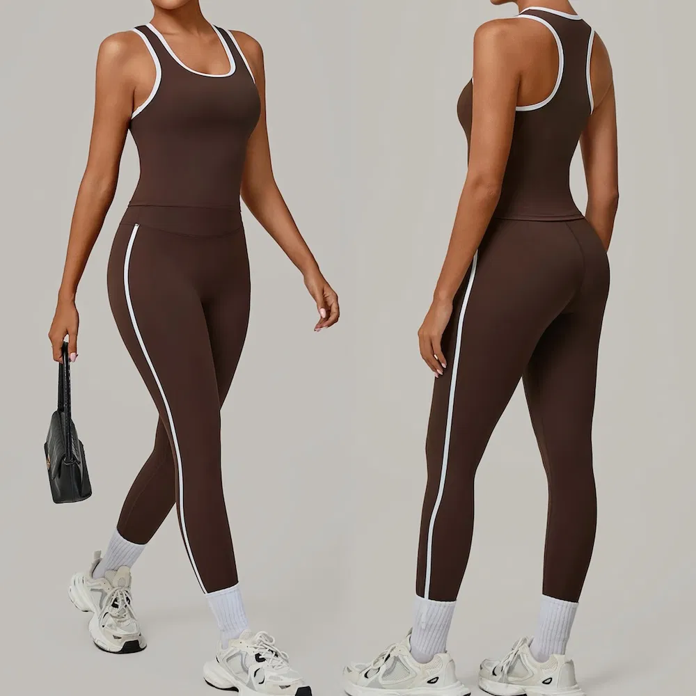 Nuevos Conjuntos de Ropa de Correr al Aire Libre con Diseño Elegante Ropa de Yoga para Mujeres, 2PCS Leggings de Correr de Cintura Alta con Bloqueo de Color + Chaleco Deportivo Conjunto de Ejercicio de Pilates