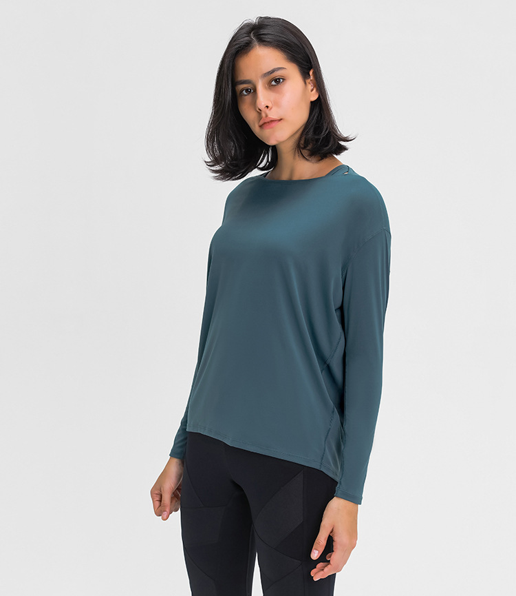Camiseta de yoga de manga larga para mujeres, color sólido, cuello redondo, parte superior para gimnasio y running, camiseta de entrenamiento ajustada, ropa deportiva transpirable