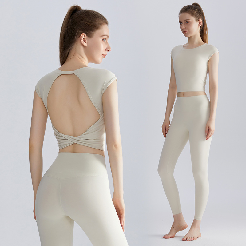 2PCS Ropa de entrenamiento de yoga y pilates sexy y atractiva para mujeres, top corto sin espalda con almohadillas + leggings de gimnasio