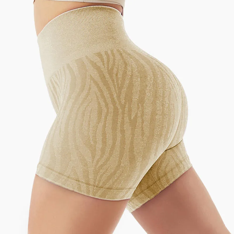 Conjunto deportivo de mujer al por mayor, mallas de gimnasio para cortos de fitness con estampado de cebra, cortos de yoga de alta cintura sin costuras para correr