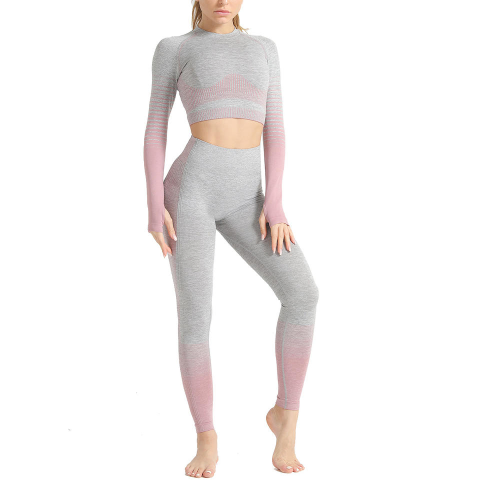 Nuevo Conjunto de Yoga de Pantalones de Gradiente, Leggings, Camiseta de Manga Larga, Ropa Deportiva, Ropa de Gimnasio Sin Costuras
